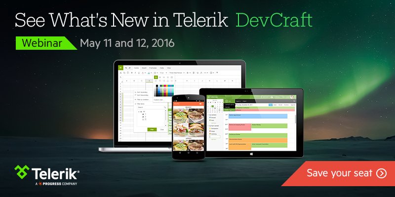Telerik's tweet image. Don&apos;t miss all the new features included in #DevCraft. Join the live webcast. Sign up now: tlrk.it/23APVJH