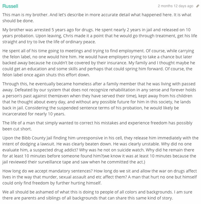 nickpwing's tweet photo. Not all Internet comments are terrible. Read this, on an article about a jail inmate who committed suicide. https://t.co/QsbUyia7Rc