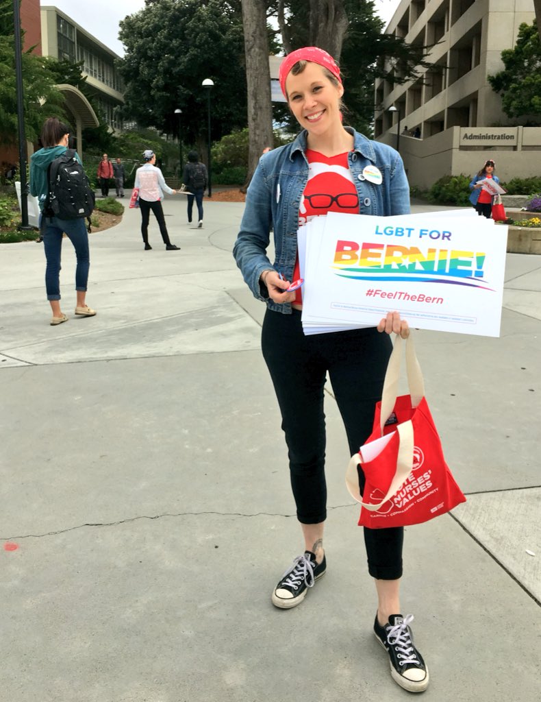 NationalNurses's tweet photo. Riveters are at @SFSU telling students why the most trusted profession trusts Bernie. #Nurses4BeRNie #CAPrimary https://t.co/huDyk0jPo4