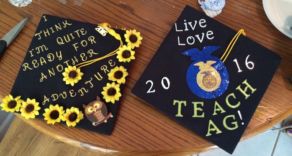 TaylorFredrick2's tweet photo. @MorganBorts93 and I finished our grad caps. Hers left, mine right.  #teachaggrad #teachag https://t.co/xdjkGfCSzN