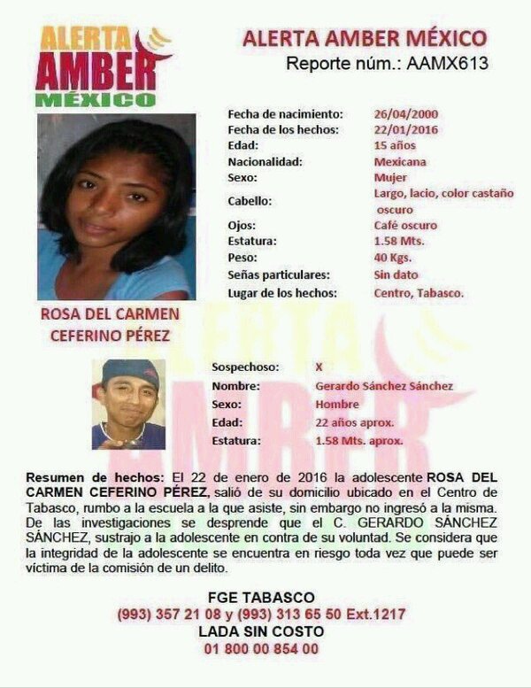 laalamedatabasc's tweet photo. #TeBuscamos #AlertaAmber #Tabasco Rosa del Carmen Ceferino Pérez, 15 años, Centro, Tabasco. @samuelflores77 https://t.co/gCoYftpSNW