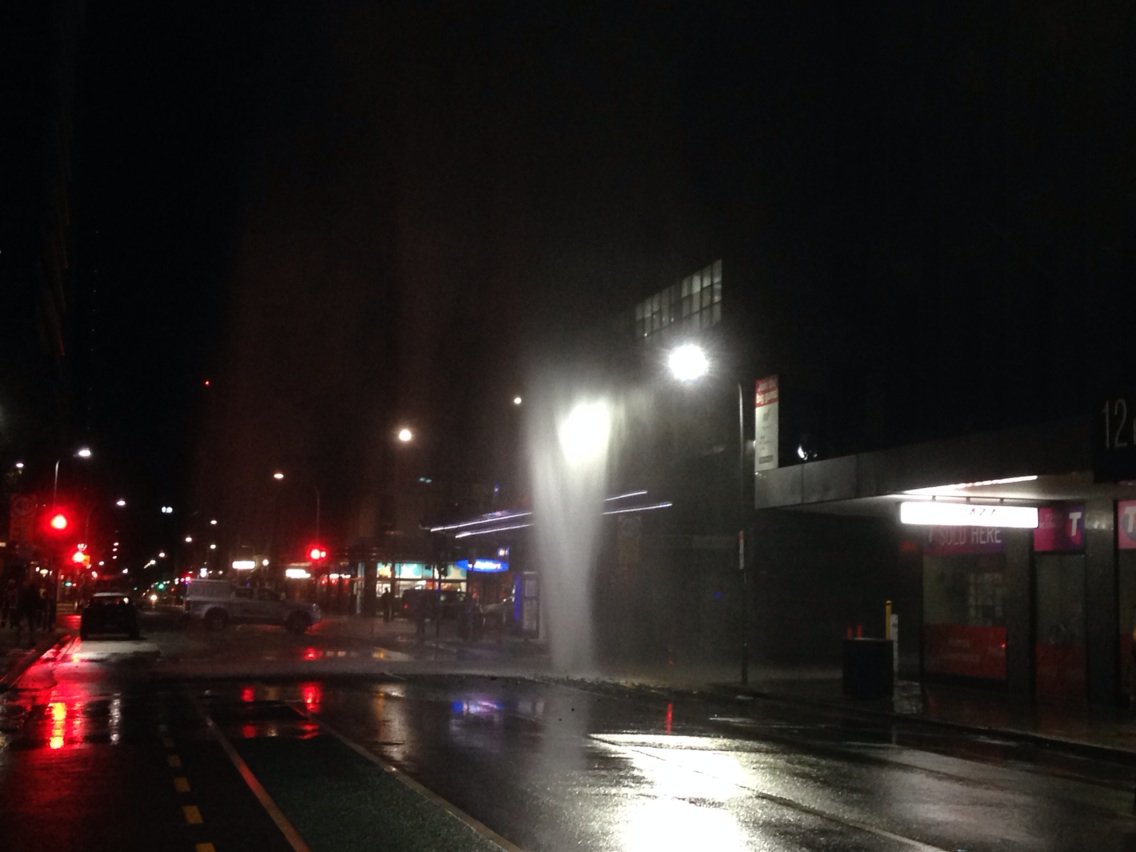 HAPPENING NOW: Huge gusher on Pirie St sending water 6 stories high. <a href="/9NewsAdel/">9News Adelaide</a>