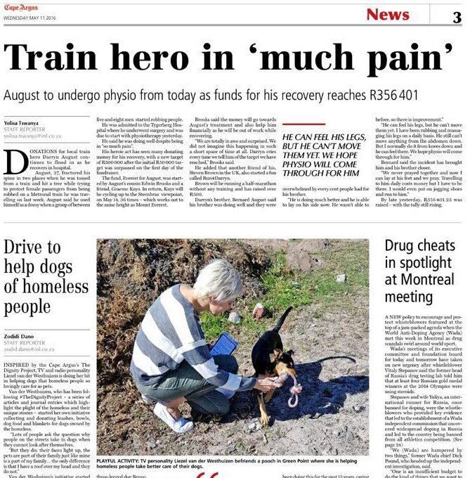 TheCapeArgus's tweet photo. PAGE 3: #TrainHero on the mend, plus @liezelv comes in to bat for homeless' dogs after reading #TheDignityProject https://t.co/y828Ihol1s