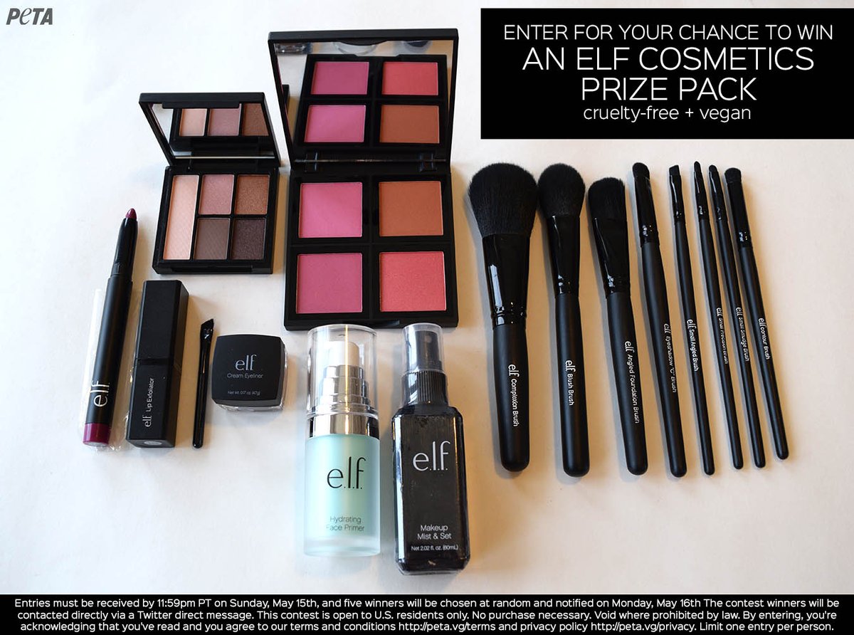peta's tweet photo. #CrueltyFree, #vegan, &amp; it could be yours 💋 RT + follow us to enter for your chance to win this @elfcosmetics pack! https://t.co/SDVaPEgulX