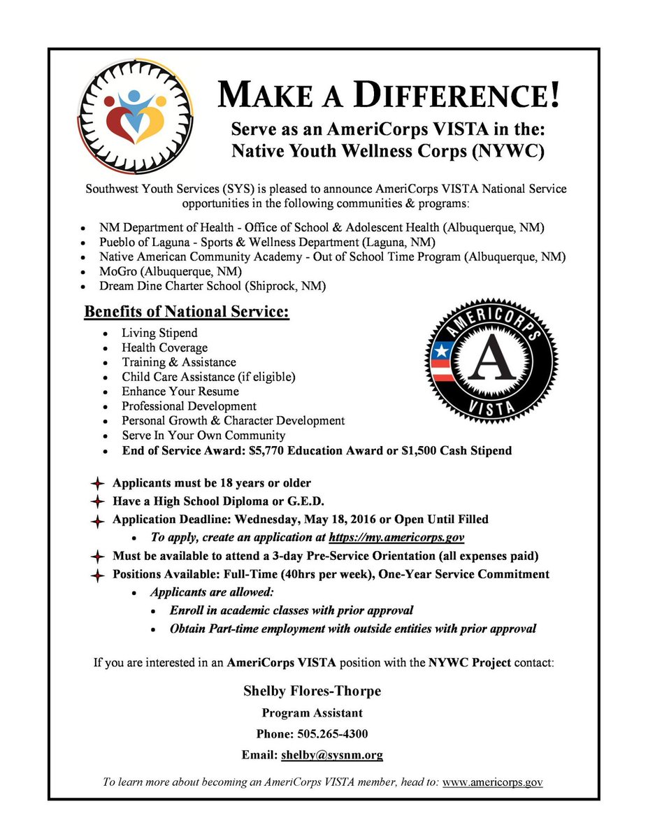 sysnm's tweet photo. New SYS @AmeriCorpsVISTA positions! Fill out your application today through https://t.co/G91nfWKlSS. Details below! https://t.co/RewqOGMxhz