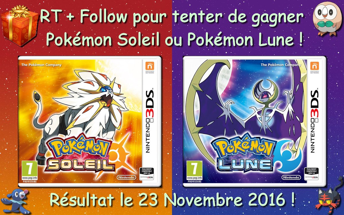 koufuujin's tweet image. 🎁 RT + Follow pour tenter de gagner le jeu Pokémon Soleil 🌞 ou Pokémon Lune 🌙 !
Résultat le 23/11.
Bonne chance 🍀