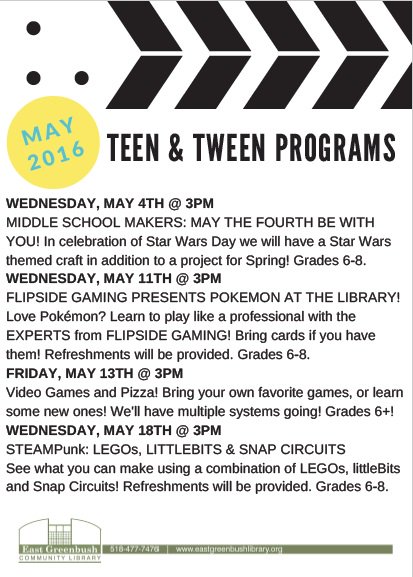 EGLibraryTeens's tweet image. There's still time to sign up for tomorrow's Pokemon program! Register here: bit.ly/1pFXSxP #MayPrograms
