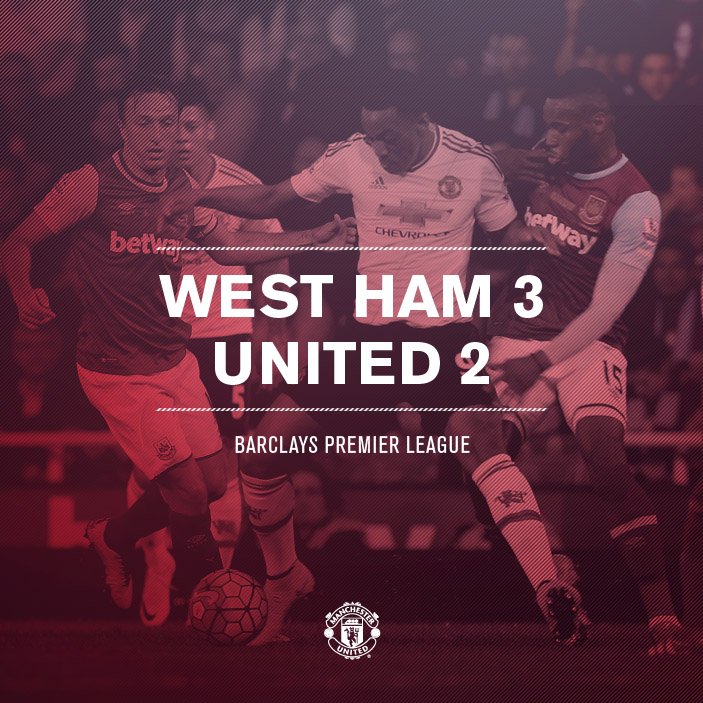 FT: West Ham 3 United 2. Martial scored twice but it's not enough as the Hammers come from 2-1 down to win. #mufc