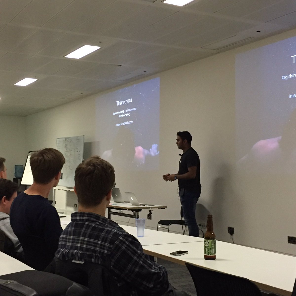 mike_gilroy's tweet photo. Watching @girishkumarkh rock it at #DjangoMeetup talking Django + earthquakes 💪🏼 #savinglives https://t.co/ZefngiXEKI