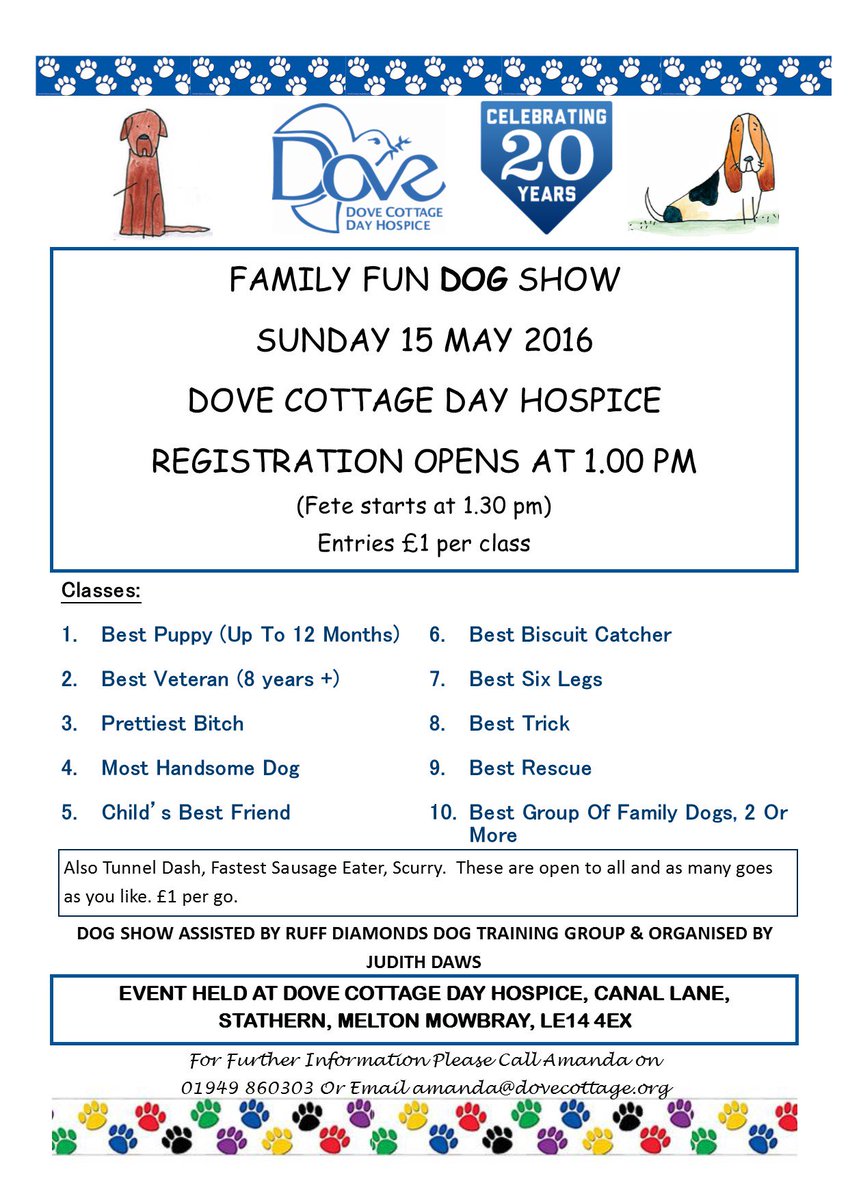 DoveCottageHosp's tweet photo. Dog Show at our Summer Fete this Sunday at Dove Cottage Day Hospice, registration at 1pm! https://t.co/PlqZPwQKBq