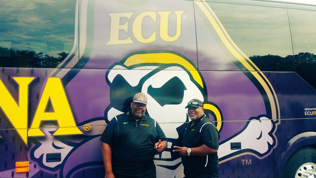 ECUTransit's tweet photo. Stevie and Tim are taking @ECUTrack to the AAC Outdoor Championships in Orlando, FL!!! #ECUTransit #Undaunted https://t.co/29XYvK6WU7