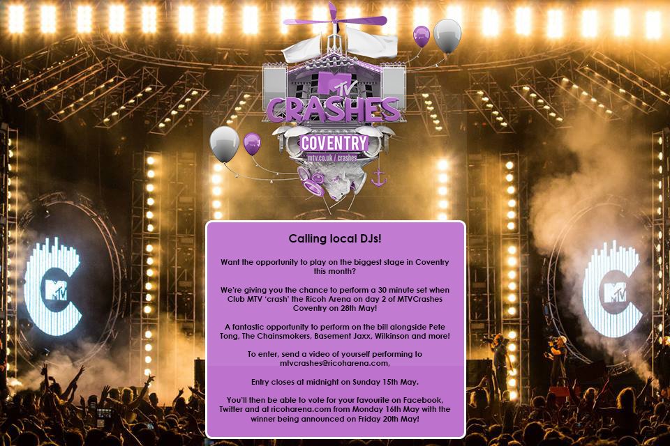 CBSArena's tweet photo. Know someone who's hot on the decks? Amazing opportunity for them to perform at #MTVCrashesCoventry! https://t.co/BfO6zHrir7