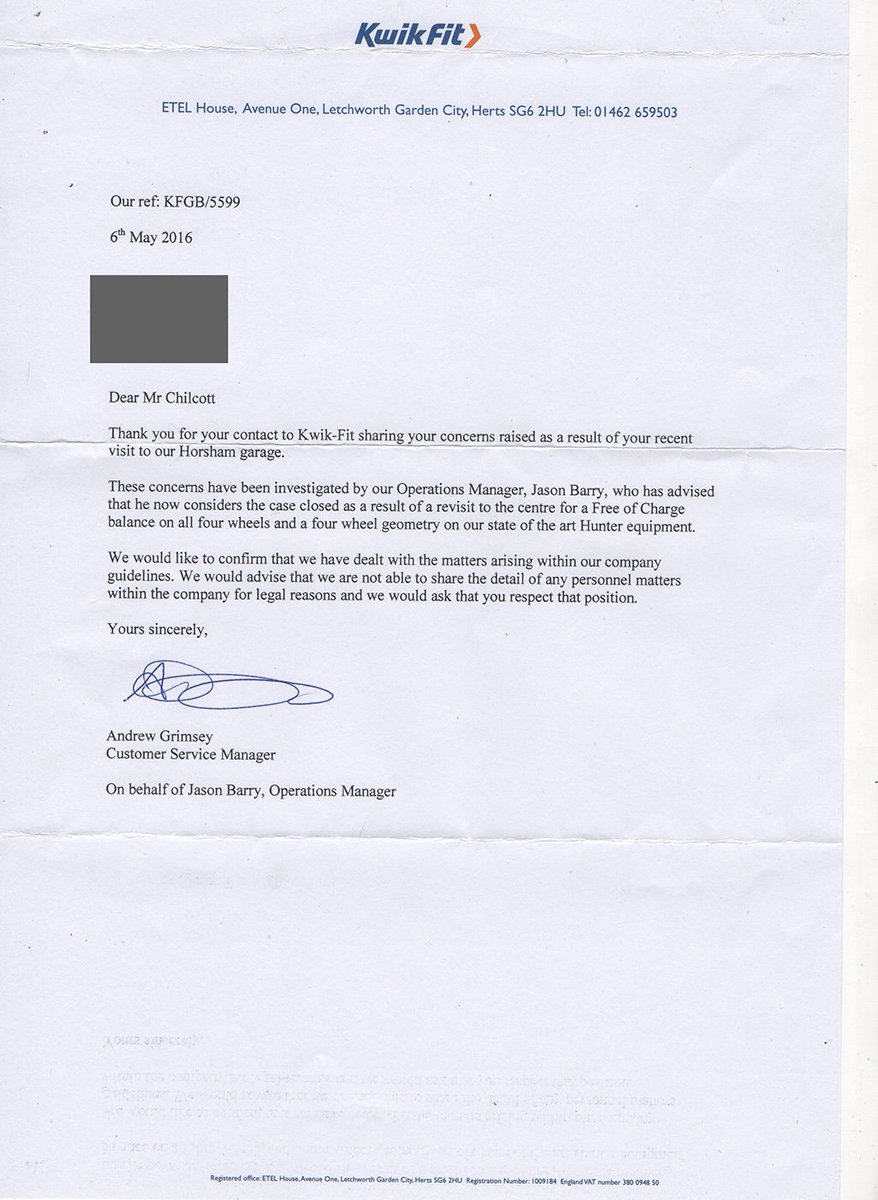 KwikFitt's tweet photo. Kwik Fit letter, No explanation to why i would end up with lopsided steering,after Horsham Kwik Fit changed 2 tyres. https://t.co/rdpku6nWrz