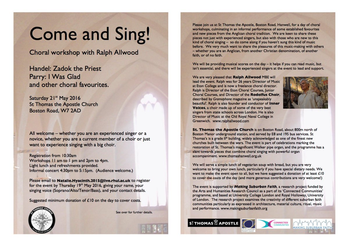 <a href="/EalingEvents/">Ealing Events</a> join us for a Come and Sing! choral fun day on Saturday 21st May at <a href="/stthomashanwell/">St Thomas's Church</a> ...lets SING! : )