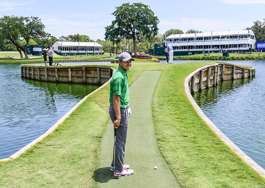 PGATour's tweet photo. The only thing harder than hitting the island 17th green? 

Hitting the peninsula. https://t.co/4SlsKzPmRg