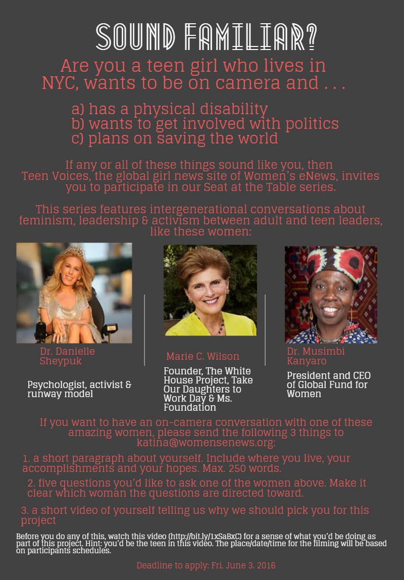 KatinaParon's tweet photo. RT: Looking for teen ♀ to interview @DanielleSheypuk @MKanyoro or #WhiteHouseProject founder Marie Wilson on camera. https://t.co/29tIzjhnVi