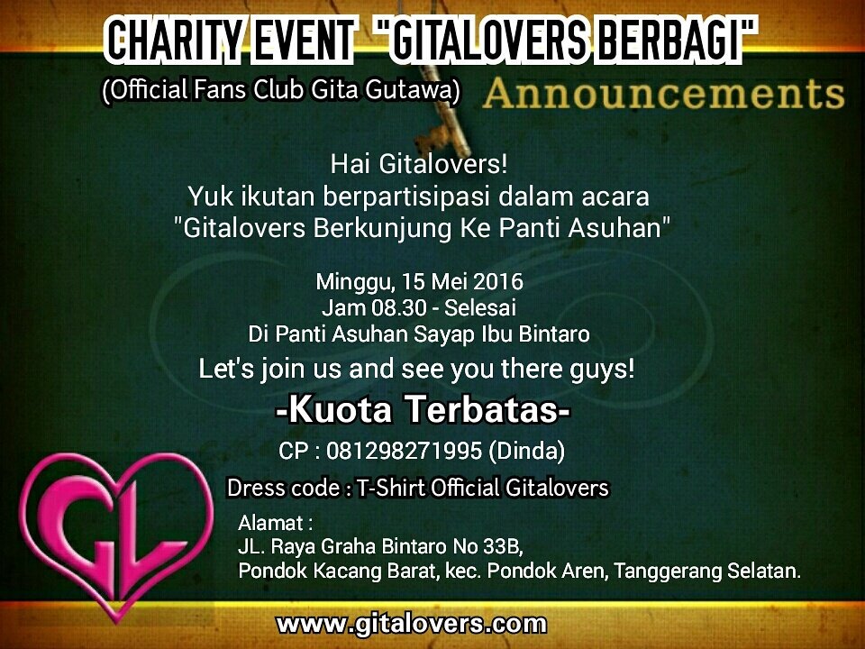 Official_GL's tweet photo. Hai Gitalovers!
Yuk gabung di acara Kunjungan Gitalovers Ke Panti Asuhan.
Minggu, 15 Mei 2016
Cp:081298271995(Dinda) https://t.co/eYgNImftGc
