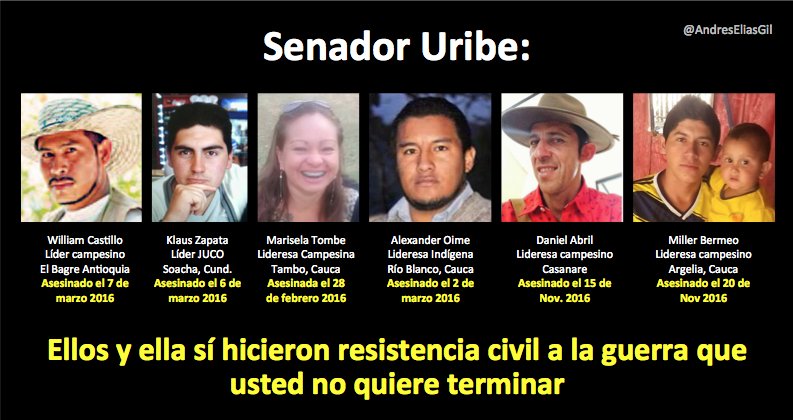 Andres Elias Gil (@andreseliasgil) on Twitter photo Sen. <a href="/AlvaroUribeVel/">Álvaro Uribe Vélez</a> esto sí es hacer resistencia civil... y justamente por eso fueron asesinados
#NoMeResistoALaPaz Sen. <a href="/AlvaroUribeVel/">Álvaro Uribe Vélez</a> esto sí es hacer resistencia civil... y justamente por eso fueron asesinados
#NoMeResistoALaPaz