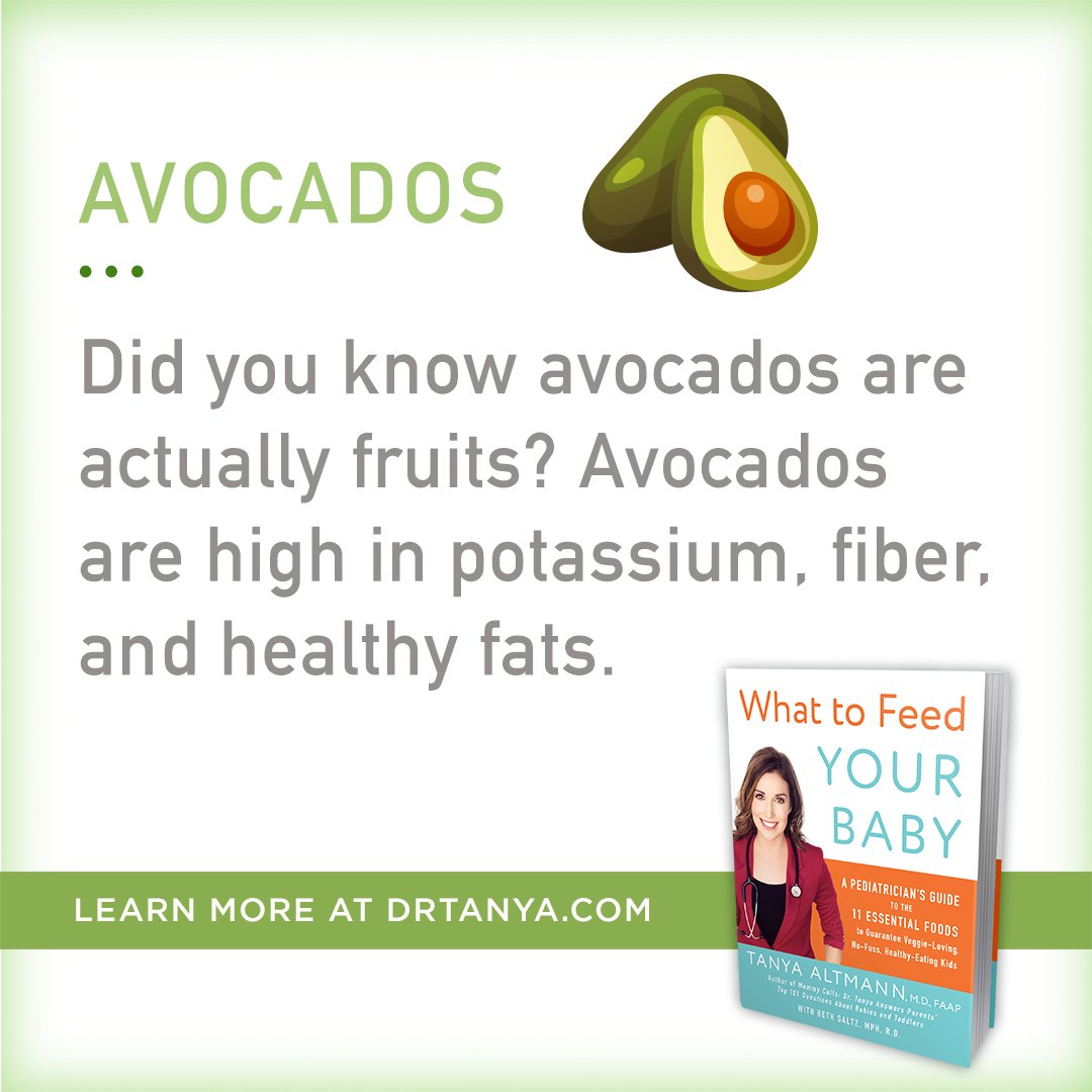 DrTanyaAltmann's tweet photo. Did you know that avocados are fruits? Potassium, fiber, &amp; healthy fat. Good for hearts. #WhatToFeedYourBaby https://t.co/yO5s9onckw