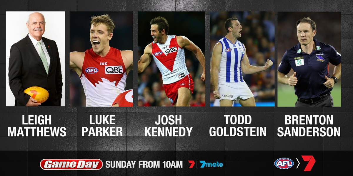 Big show this Sunday from 10am...
<a href="/LeighRMatthews/">Leigh Matthews</a> @luke_parker26 <a href="/jp_kennedy/">Josh Kennedy</a> <a href="/toddgoldstein22/">Todd Goldstein</a> <a href="/SandoBrent/">Brenton Sanderson</a>