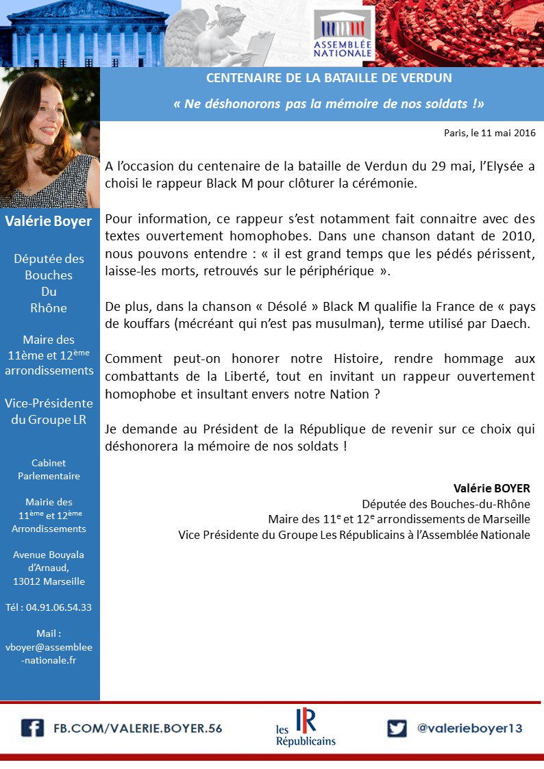 valerieboyer13's tweet photo. #BlackM #Verdun : Je demande au Pdt de la Rep de revenir sur ce choix qui déshonorera la mémoire de nos soldats https://t.co/wTH5ghGmZM