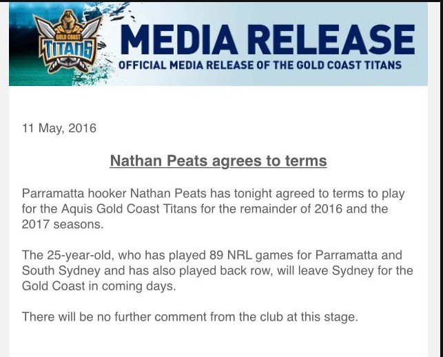 FOXSportsNews's tweet image. BREAKING: Parramatta hooker Nathan Peats finalises deal with @GCTitans for remainder of 2016 &amp;amp; 2017 seasons #NRL