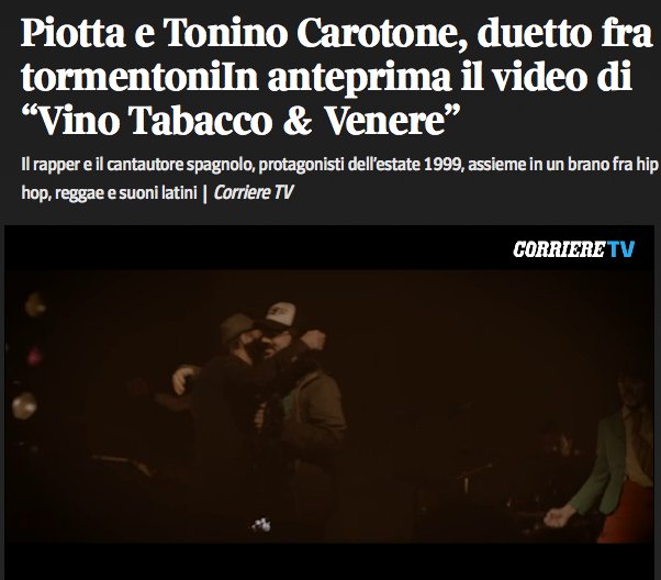 #Piotta &amp; #ToninoCarotone, in anteprima per #CorriereTV il video di “Vino Tabacco &amp; Venere” video.corriere.it/piotta-tonino-…