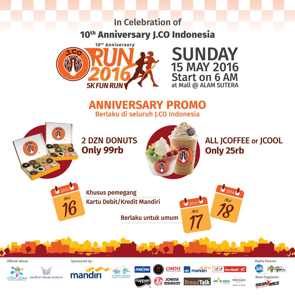 Promo berlaku pada 16-18 Mei 2016 di seluruh outlet JCO Indonesia. Khusus tgl 16, berlaku utk pemegang kartu Mandiri