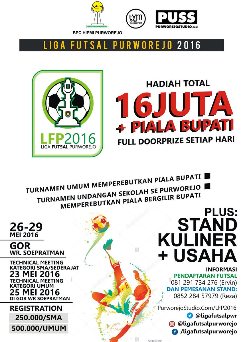 ligafutsalpwr's tweet photo. Infoin min @PAFProduction Liga Futsal Purworejo 2016 tgl 26 -29 Mei @ GOR W.R Soepratman. CP : 081291734276 #LFP2016 https://t.co/9tClpPE6qJ