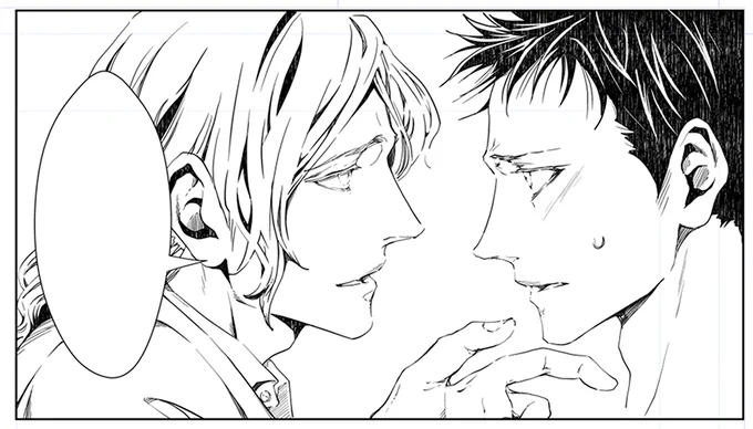 コヨーテ:scene3の楽しいペン入れ作業中です。左のロン毛が攻めで右の短髪が受けです。久々に大好物の黒髪短髪受けです。やっぱり受けは短髪が好きです。 