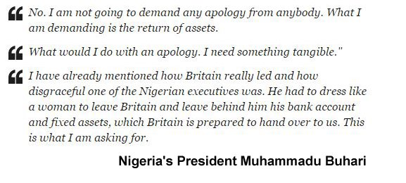 BBCAfrica's tweet photo. Nigeria's President @MBuhari "does not want an apology" from UK PM @David_Cameron
https://t.co/YahB4zayPs https://t.co/yX2VOVoi1a