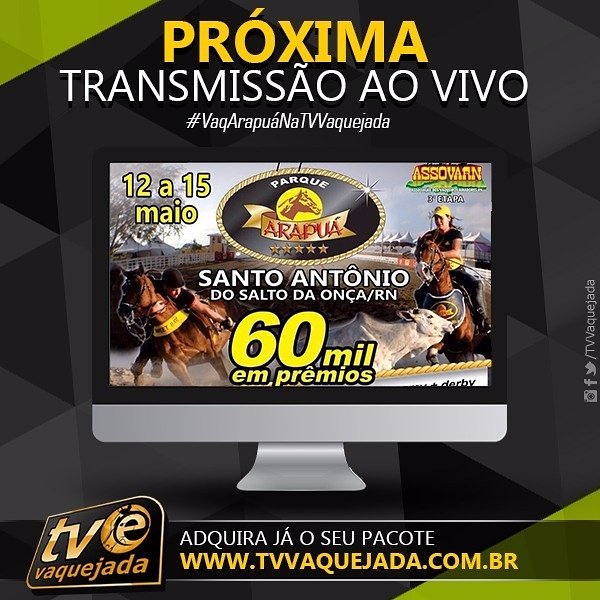 tvvaq's tweet photo. Nossa próxima transmissão!!
@parquearapua 
Corra e faça o seu pacote!
#EtapaAssovarn 
#TvVaquejadaEvc https://t.co/h4hZDkm4sf