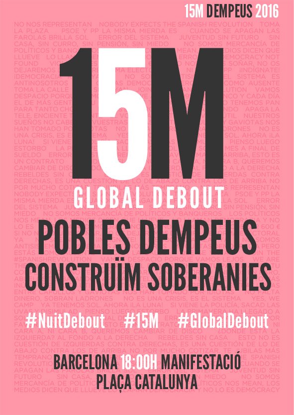 NitDempeusBCN's tweet photo. Avui tenim mes cartells per #GlobalDebout, ajuda'ns a difondre!
MANIFESTACIÓ #PoblesDempeus #15M Plaça Catalunya 18h https://t.co/MyOkPer8zR