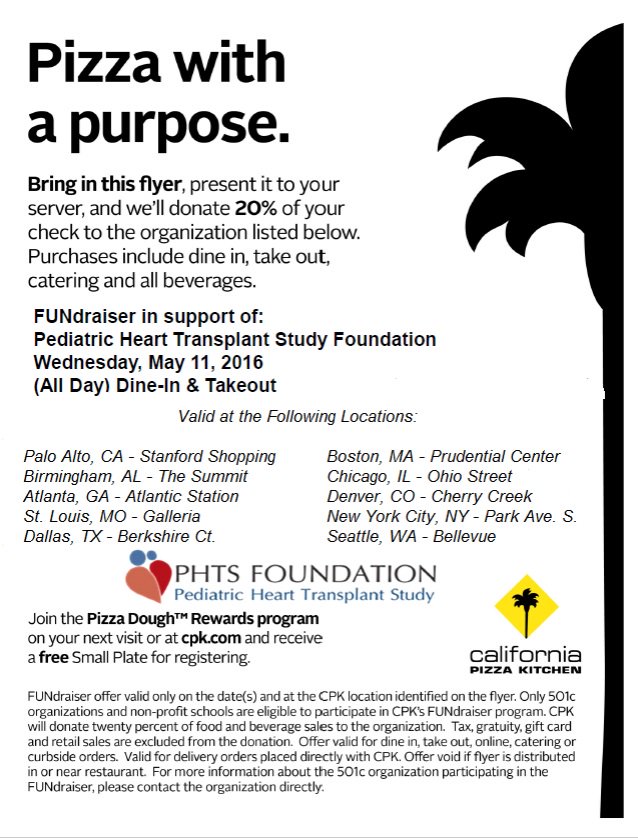 PHTS Foundation (@phtsfoundation) on Twitter photo TODAY! Eat at <a href="/calpizzakitchen/">calpizzakitchen</a> and help children in need of a heart transplant! Here's how: phtsfoundation.org/index.php/upco… TODAY! Eat at <a href="/calpizzakitchen/">calpizzakitchen</a> and help children in need of a heart transplant! Here's how: phtsfoundation.org/index.php/upco…