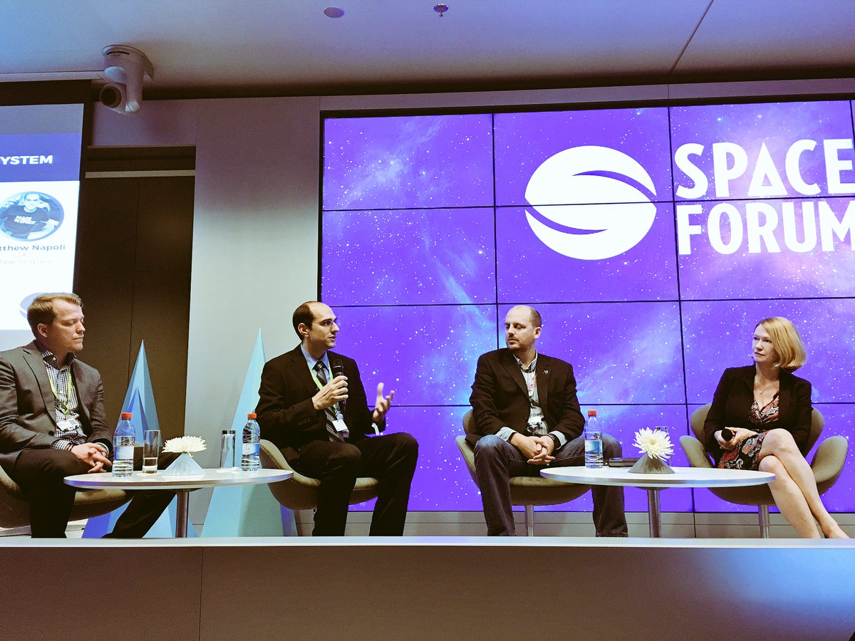 smarcu's tweet photo. CAnderson (@SpaceAngels), MNapoli (@MadeInSpace), ABarton (@glxp) discuss Space Commerce. #SpaceForumeu https://t.co/rzvc2atRgx