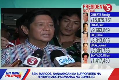 News5PH's tweet photo. #AksyonTonite | Sen. Marcos, nanawagan sa mga supporter na hintayin ang paliwanag ng COMELEC #BilangPilipino https://t.co/1Bf3smEHDt