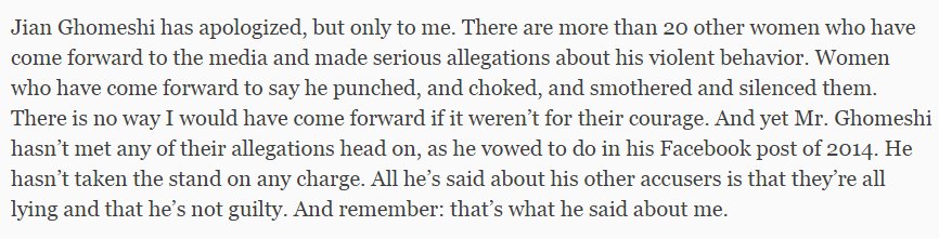 Kathryn Borel rightly says that there are 20+ women who #Ghoemshi needs to apologize for his violent behavior.