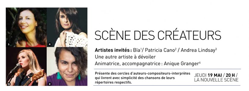 À venir : SCÈNE DES CRÉATEURS - <a href="/biamusik/">bia krieger</a> + Cano + <a href="/AndreaMLindsay/">Andrea Lindsay</a> + <a href="/AniqueGranger/">Anique Granger</a>
nouvellescene.com/scene-des-crea…