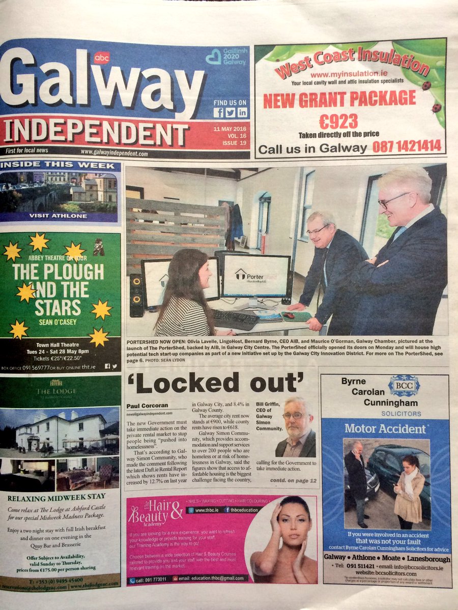johnbreslin's tweet photo. Great coverage of the @PorterShed launch in today's @galwayindo! Front page @OLavelle @AIBBiz @mauriceogorman https://t.co/JeHBzWpaGe