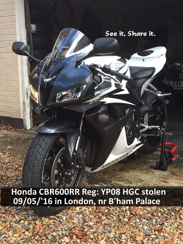 StolenWheels's tweet photo. #Honda #CBR600RR #stolen Monday in broad daylight from Palace Street #London #BuckinghamPalace - who's seen it? https://t.co/L35WriTes5