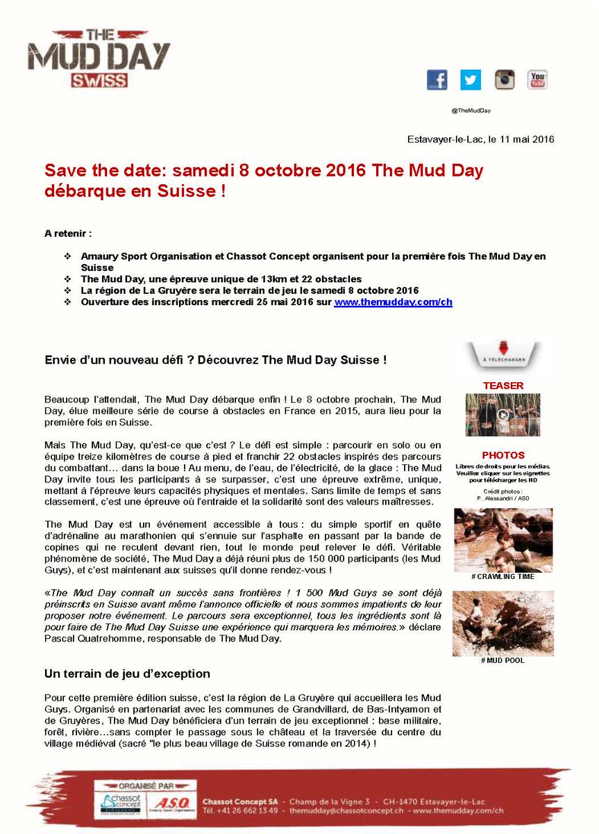 TourDeRomandie's tweet photo. Le 1er #TheMudDay de Suisse sera organisé par @RChassot Concept le 8 octobre. Formez vos équipes! @TheMudDay_ch https://t.co/f2SHPEcndC