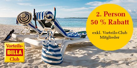 2.Person 50 % Rabatt! Für Vorteils-Club Mitglieder bis zum 23.5.
billareisen.at/Kassabon