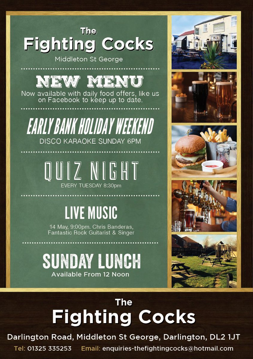 DarlingtonMonth's tweet image. #DarloBiz New Menu, great entertainment @fightingcocks4 MSG Booking advisable for Sunday lunch Contact 01325 335253