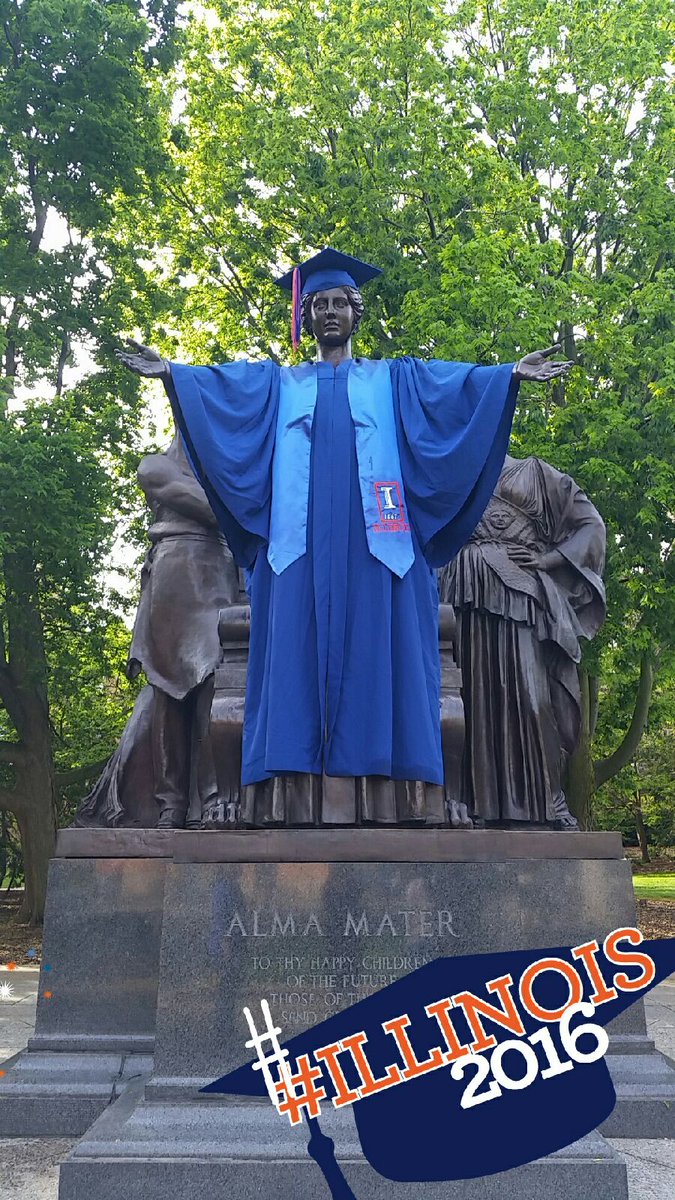 UofIllinois's tweet photo. Cap &amp; gown pick-up begins today 🎓
The first of 3 #ILLINOIS2016 @Snapchat geofilters is live at Alma Mater! https://t.co/149VG7MBE6