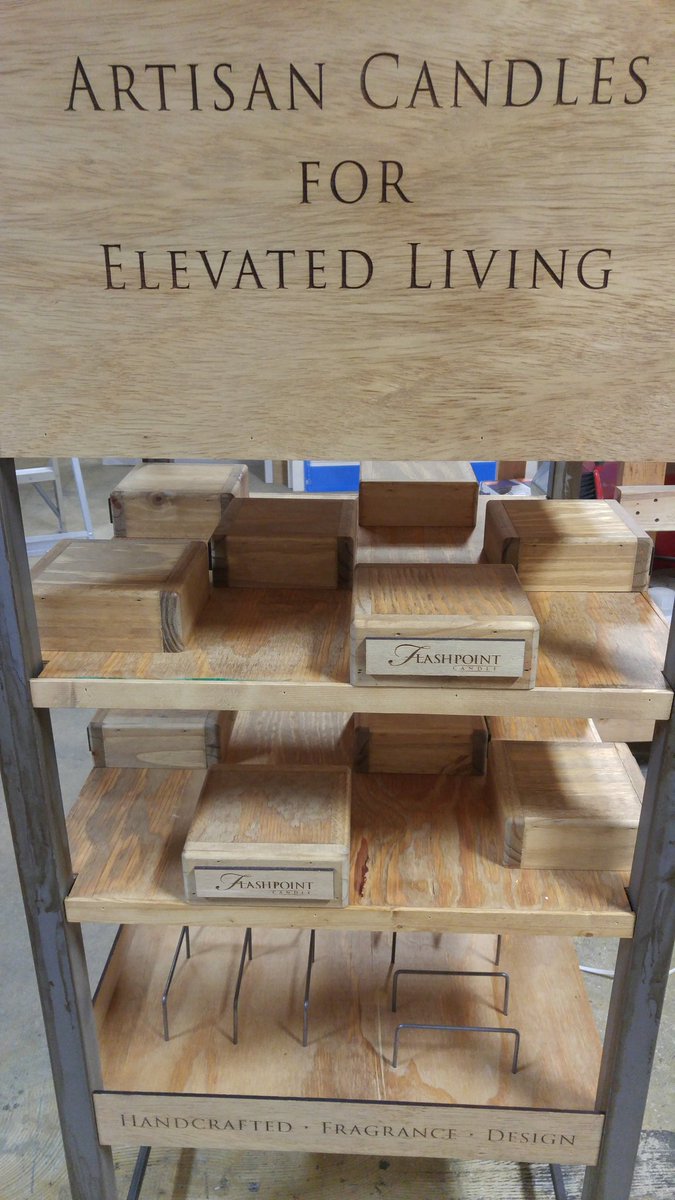 DreaGresh's tweet photo. @FPCandles craftsman building most fab display fixtures ever.  Almost done, so proud of my team! #candle #dillards https://t.co/C1edHRfmbA