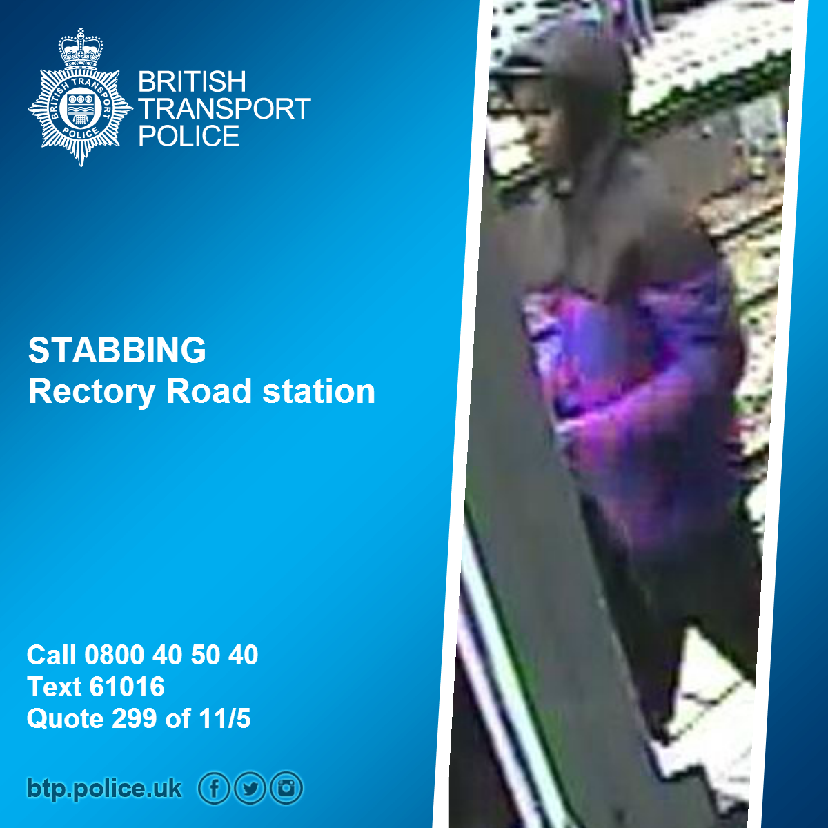 We need to speak to this man about a stabbing at #RectoryRoad station in #StokeNewington #Hackney. Recognise him?