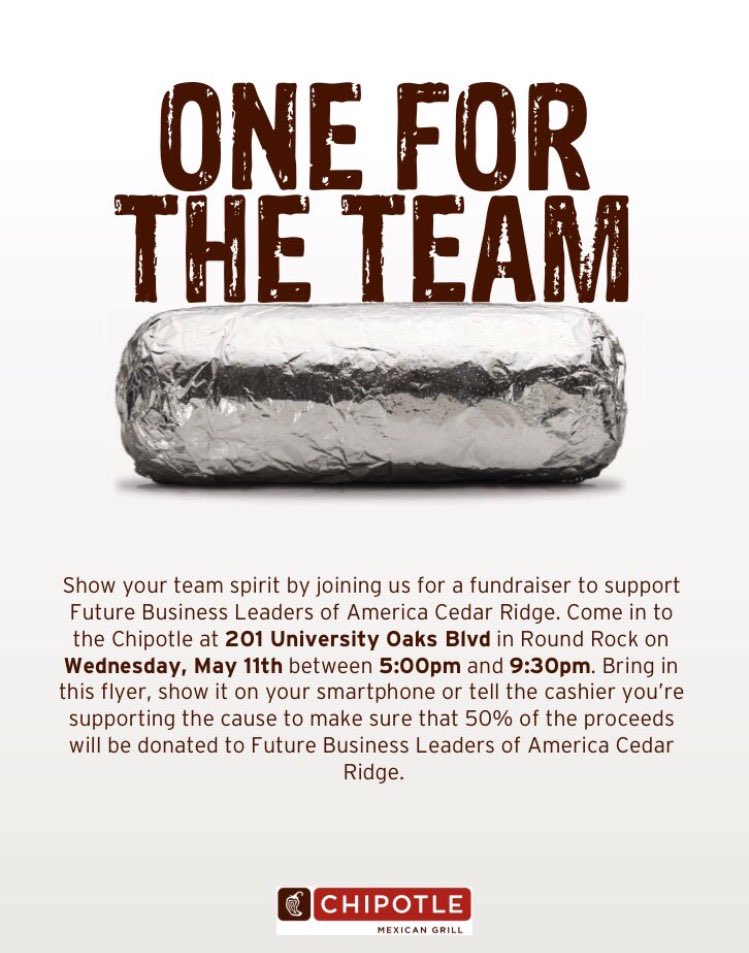 CedarRidge_FBLA's tweet photo. Don't forget to stop by @ChipotleTweets tonight and help your local #FBLA chapter. SHOW THE FLYER AT CHECKOUT! https://t.co/uglTx36PIV
