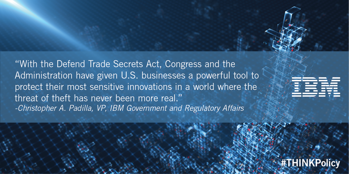 IBMpolicy's tweet photo. IBM welcomes signing of the #DefendTradeSecrets Act: https://t.co/IRE2hwbb9k https://t.co/MbIMv5q7oO