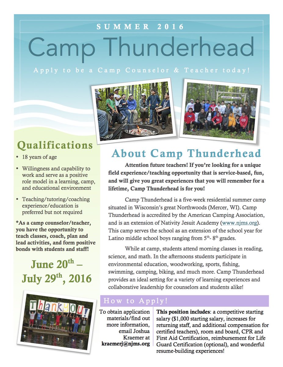 Are you looking for a great summer job opportunity? Apply to work @ Camp Thunderhead! See flyer for more details.