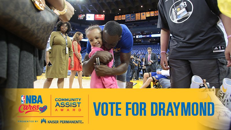 warriors's tweet photo. #DraymondGreen is making a difference on &amp; off the court. RETWEET to vote for him for the #NBACommunityAssist Award! https://t.co/vJj0dy8NgY